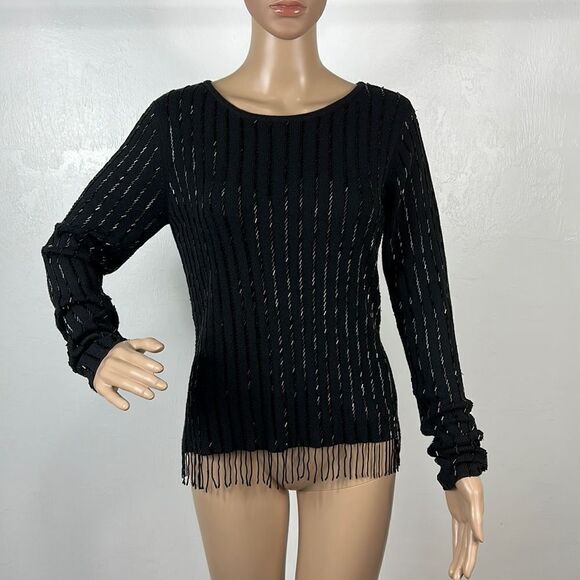 Chetta B Evening Wear Beaded Long Sleeve Fringe Hem Top Blouse Size M - Picture 1 of 7
